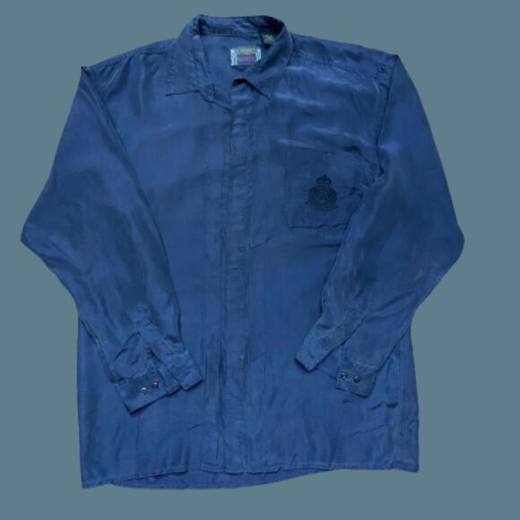 Novin Vintage 90s Navy Blue Hidden Button Front Silk Shirt Men's Size Large - Picture 1 of 9